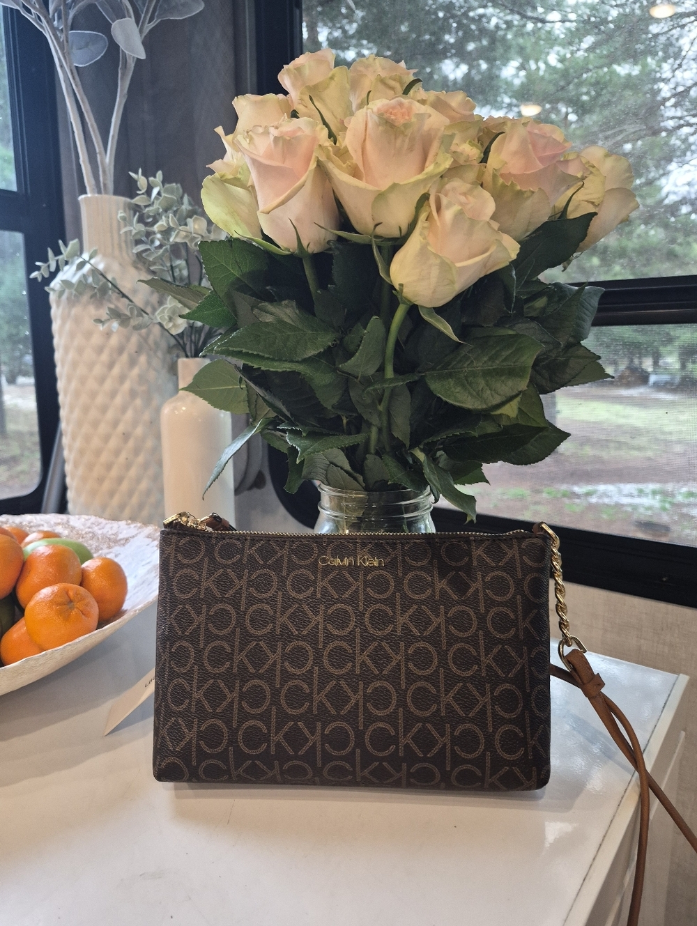 Calvin Klein Brown Logo Crossbody with Tan Strap